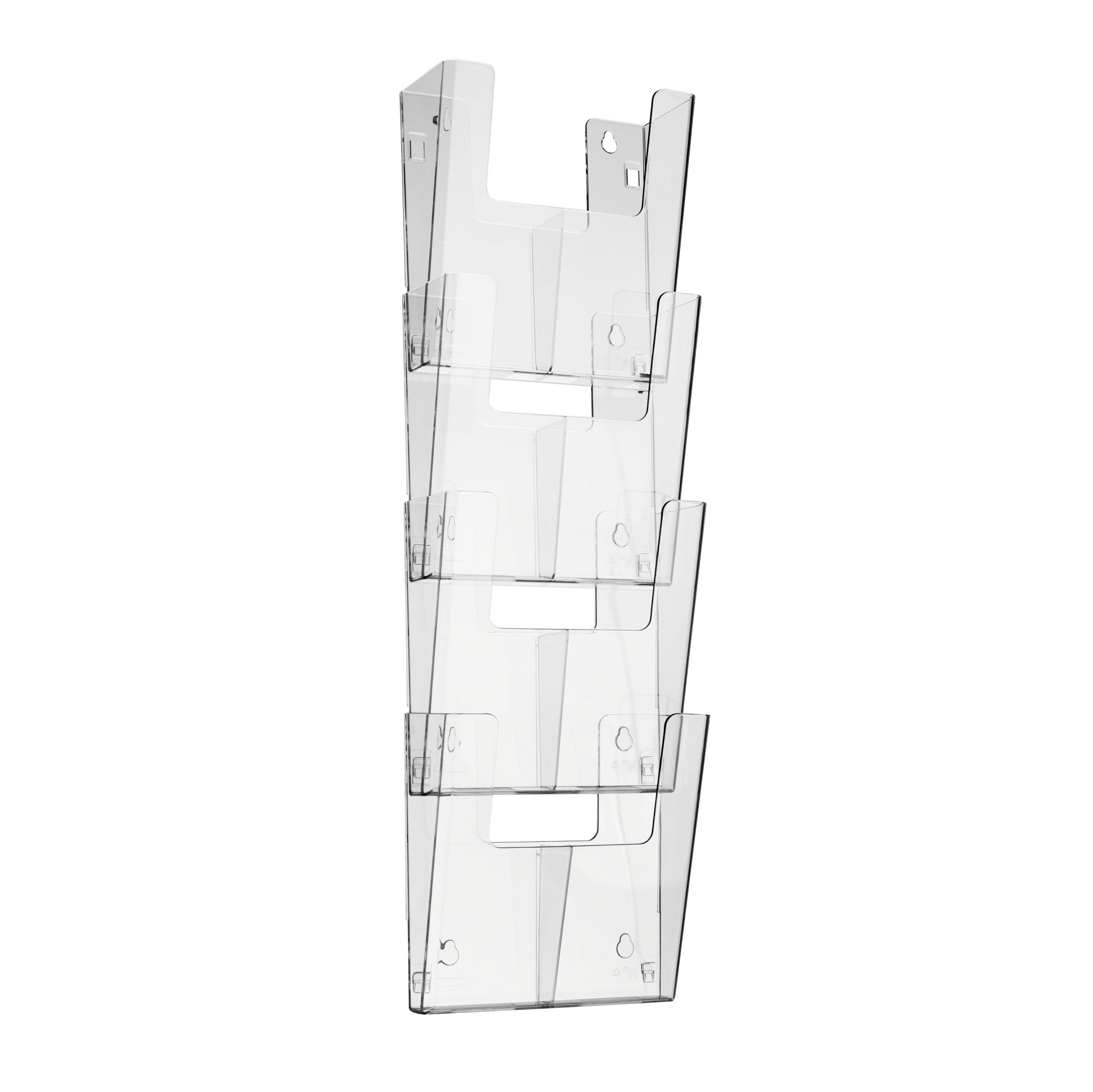 1 Set - Wandprospekthalter inkl. Trennwände, A4 oder 1/3 A4 (DIN lang) Format, Hochformat, 4 Fächer, transparent, PS