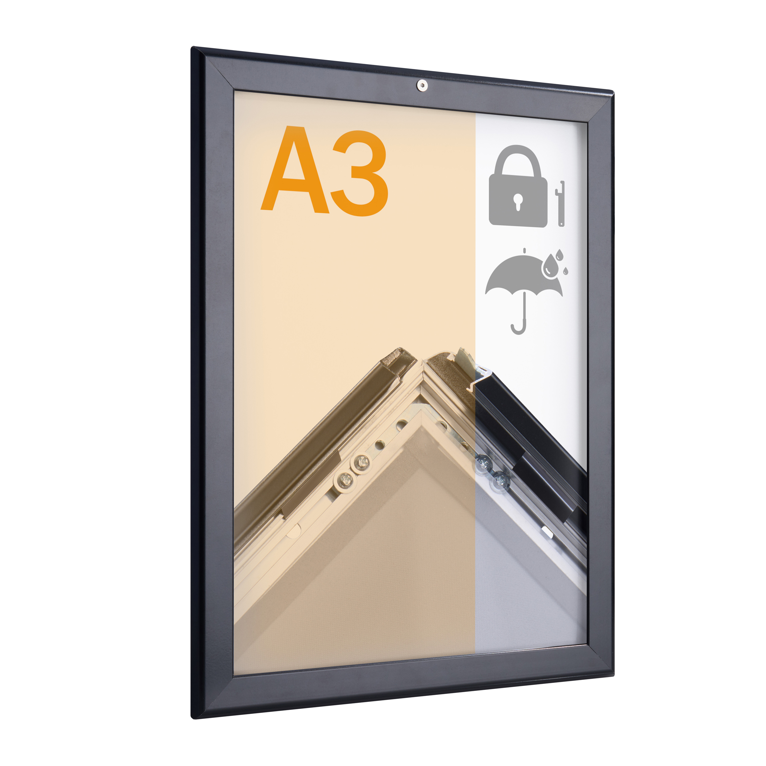 Klapprahmen A3, abschließbar, wetterfest, schwarz, Aluminium