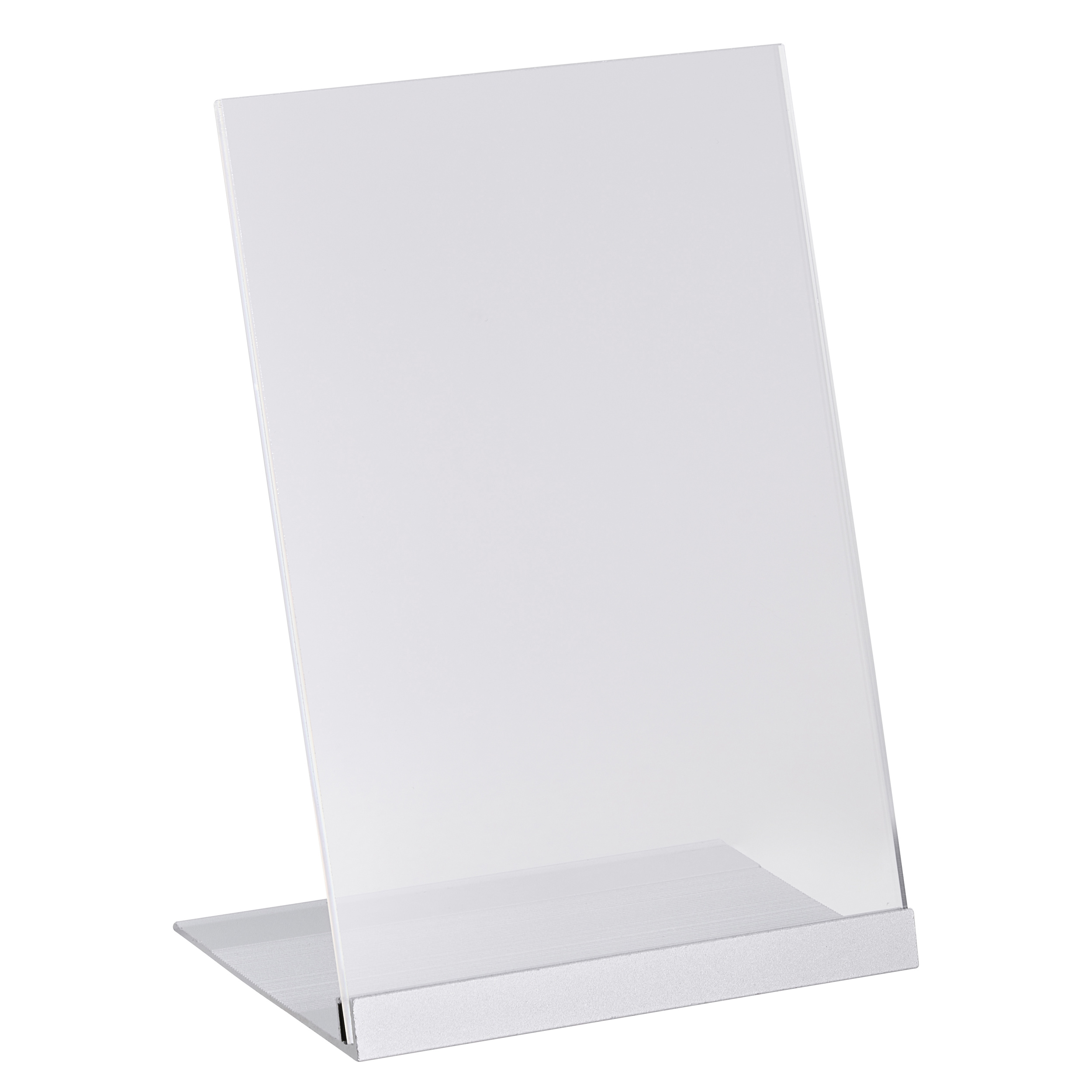 L-Aufsteller Acryl mit Aluminiumfuß A5 | transparent|silber, Acryl (PMMA)|Aluminium