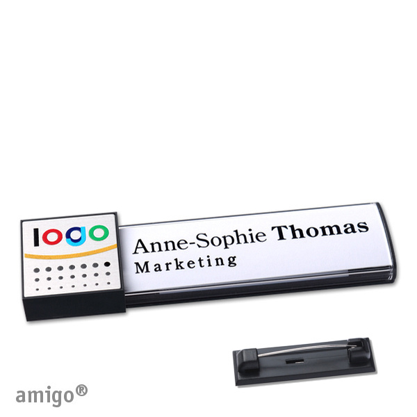 10 Namensschilder amigo alu-print Magnet anthrazit | Edelstahl-Rastnadel | square | anthrazit | silber, Metall