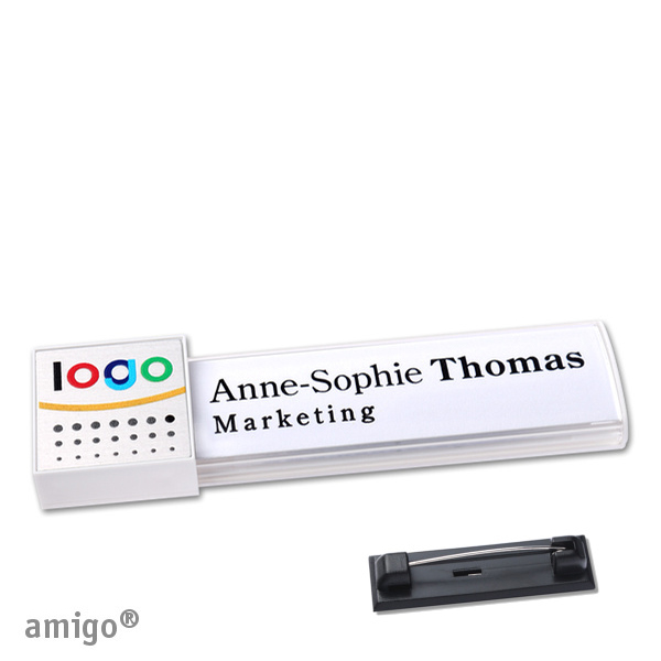 10 Namensschilder amigo alu-print Magnet weiß | Edelstahl-Rastnadel | square | weiß | silber, Metall