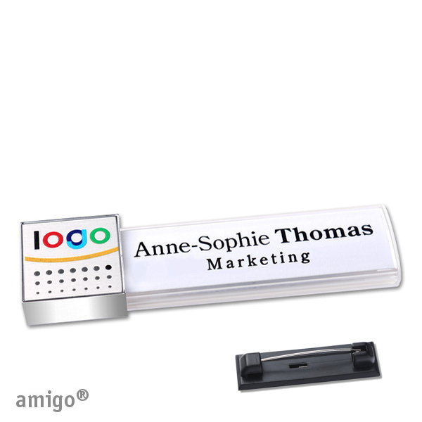 10 Namensschilder amigo alu-print Magnet weiß | Edelstahl-Rastnadel | square | chrom | silber, Metall