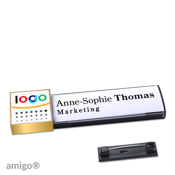 10 Namensschilder amigo alu-print Magnet anthrazit | Edelstahl-Rastnadel | square | gold | weiß, Metall