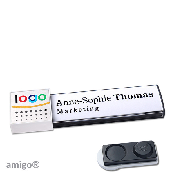 10 Namensschilder amigo alu-print Magnet anthrazit | smag Magnet, extra stark | square | weiß | silber, Metall