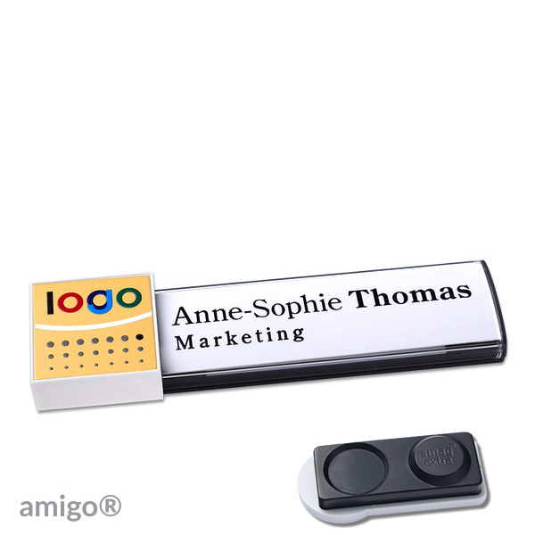 10 Namensschilder amigo alu-print Magnet anthrazit | smag Magnet, extra stark | square | weiß | gold, Metall