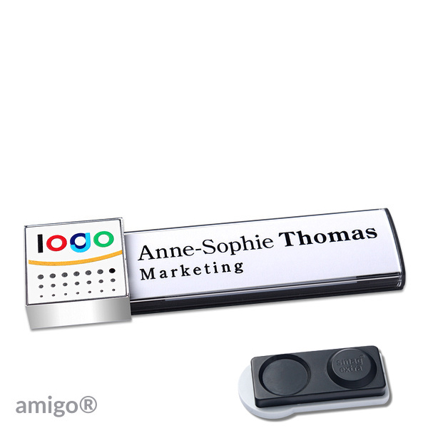 10 Namensschilder amigo alu-print Magnet anthrazit | smag Magnet, extra stark | square | chrom | weiß, Metall