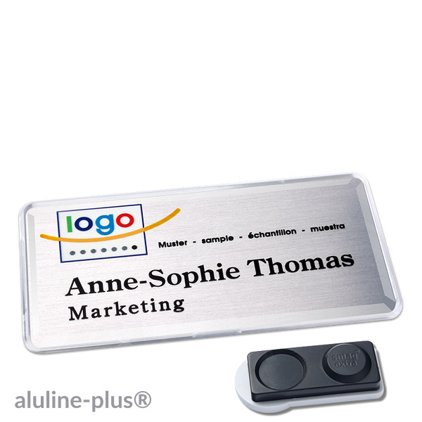 10 Namensschilder aluline-plus alu-print Magnet 76 x 38 mm | silber | smag Magnet, extra stark, Metall