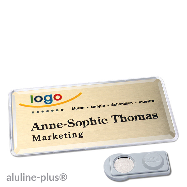 10 Namensschilder aluline-plus , magnetisch 76 x 38 mm | gold | smag Magnet, Metall