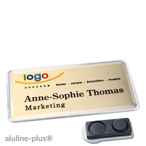10 Namensschilder aluline-plus , magnetisch 76 x 38 mm | gold | smag Magnet, extra stark, Metall