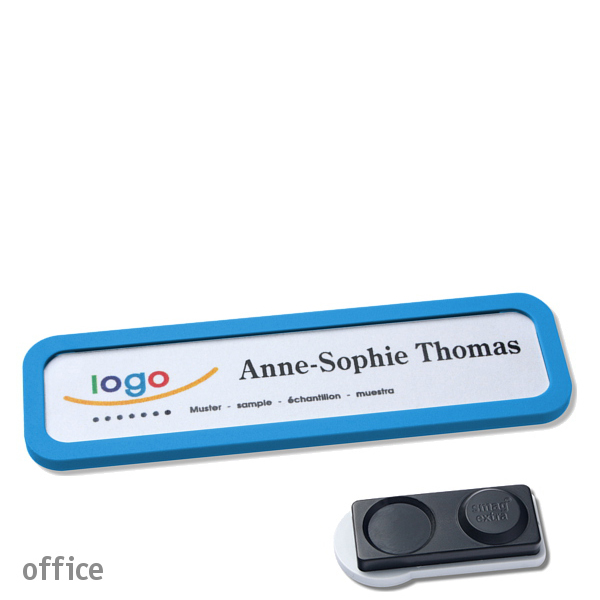 10 Namensschilder OFFICE, magnetisch 75 x 17 mm | mittelblau | smag Magnet, extra stark, Kunststoff