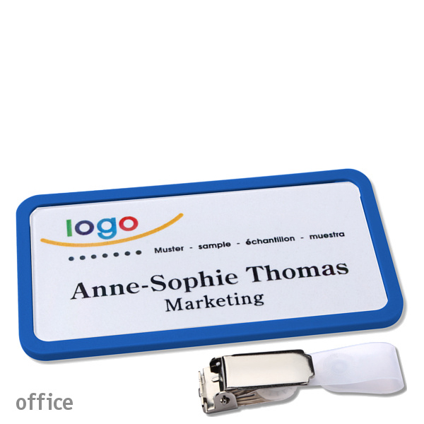 10 Namensschild mit Clip office 75 x 37 mm | blau | Hängerclip, Kunststoff