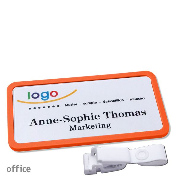 10 Namensschild mit Clip office 75 x 37 mm | orange | Hängerclip metallfrei, Kunststoff