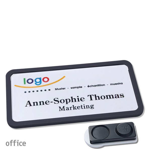 10 Namensschilder OFFICE, magnetisch 75 x 37 mm | schwarz | smag Magnet, extra stark, Kunststoff