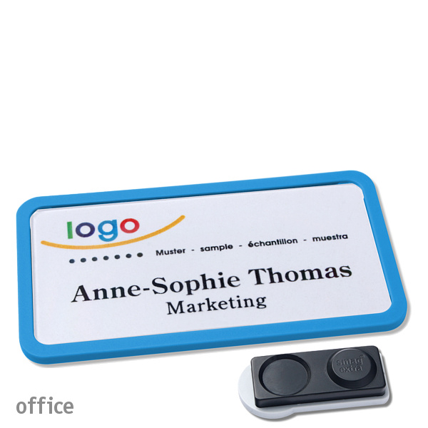 10 Namensschilder OFFICE, magnetisch 75 x 37 mm | mittelblau | smag Magnet, extra stark, Kunststoff