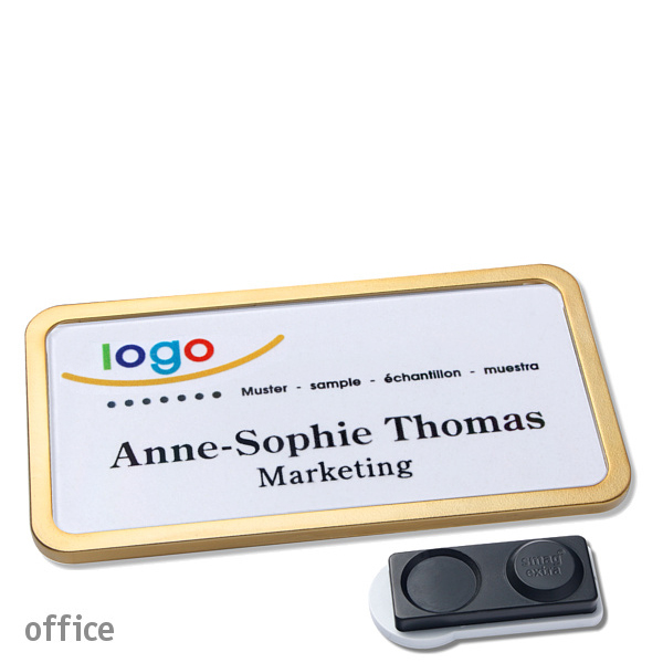 10 Namensschilder office quick-print Magnet 75 x 37 mm | gold | smag Magnet, extra stark, Kunststoff