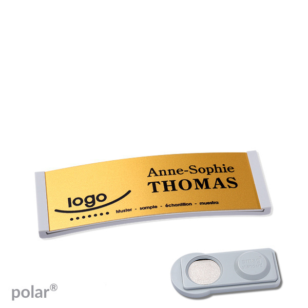 10 Namensschilder polar alu-complete magnet 64 x 22 mm | hellgrau | gold | smag Magnet, Kunststoff