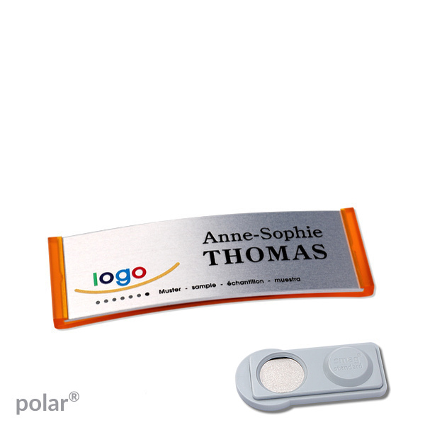 10 Namensschilder polar alu-complete magnet 64 x 22 mm | transluzent|orange | silber | smag Magnet, Kunststoff