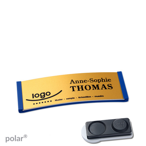 10 Namensschilder polar alu-complete magnet 64 x 22 mm | blau | gold | smag Magnet, extra stark, Kunststoff