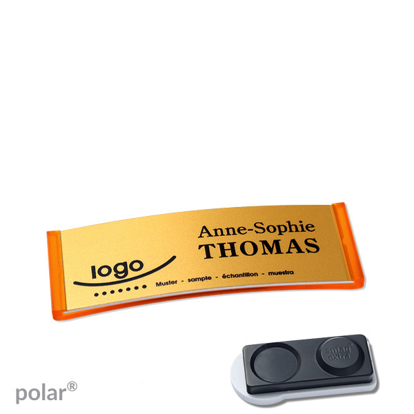 10 Namensschilder polar alu-complete magnet 64 x 22 mm | transluzent|orange | gold | smag Magnet, extra stark, Kunststoff