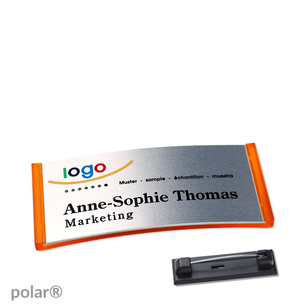 10 Namensschilder polar alu-complete Nadel 65 x 30 mm | transluzent|orange | silber, Kunststoff