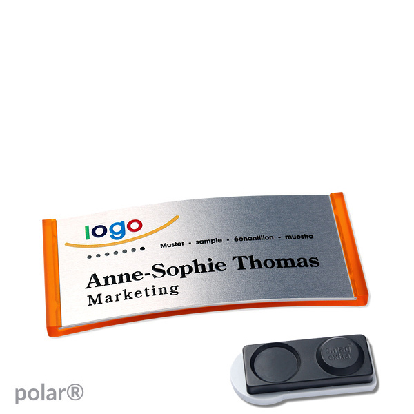 10 Namensschilder polar alu-complete magnet 65 x 30 mm | transluzent|orange | silber | smag Magnet, extra stark, Kunststoff