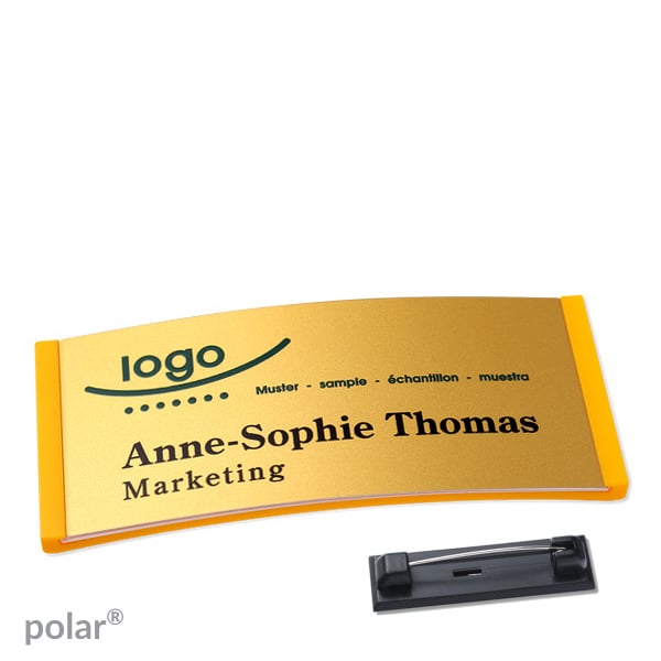 10 Namensschilder polar alu-complete Nadel 74 x 34 mm | gelb | gold, Kunststoff