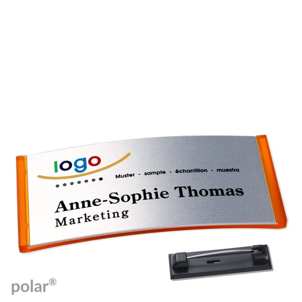 10 Namensschilder polar alu-complete Nadel 74 x 34 mm | transluzent|orange | silber, Kunststoff