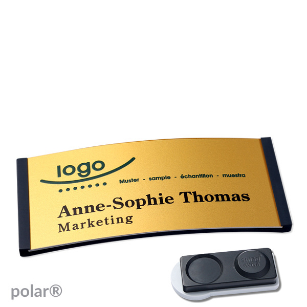 10 Namensschilder polar alu-complete magnet 74 x 34 mm | schwarz | gold | smag Magnet, extra stark, Kunststoff