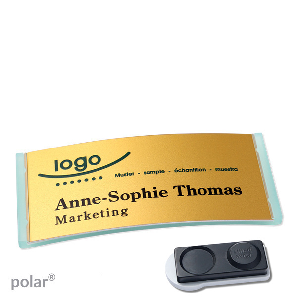 10 Namensschilder polar alu-complete magnet 74 x 34 mm | transluzent|grün | gold | smag Magnet, extra stark, Kunststoff