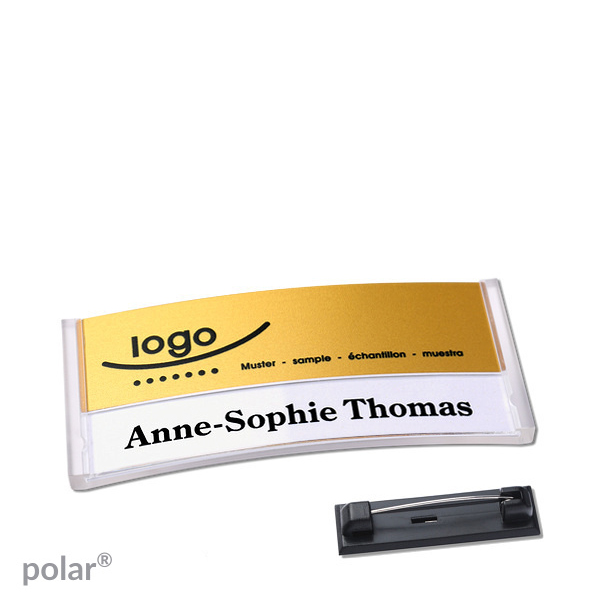 10 Namensschilder polar alu-print Nadel 65 x 30 mm | transparent | gold, Kunststoff