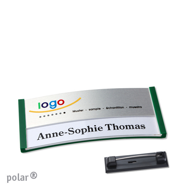 10 Namensschilder polar alu-print Nadel 65 x 30 mm | grün | silber, Kunststoff