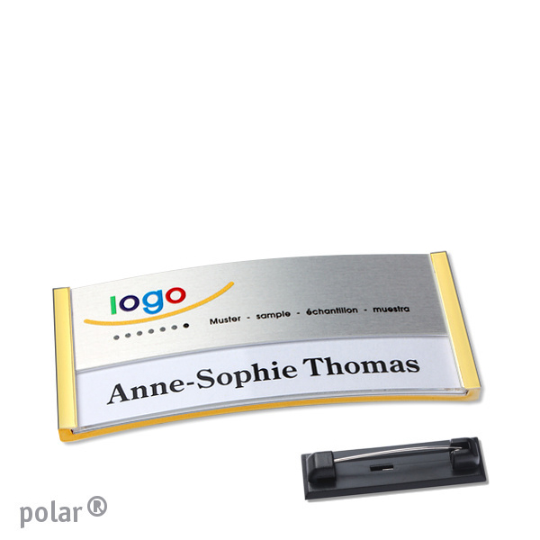 10 Namensschilder polar alu-print Nadel 65 x 30 mm | gold | silber, Kunststoff