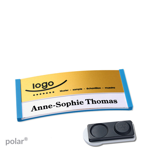 10 Namensschilder polar alu-print Magnet 65 x 30 mm | mittelblau | gold | smag Magnet, extra stark, Kunststoff