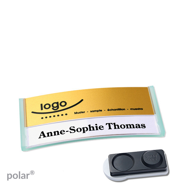10 Namensschilder polar alu-print Magnet 65 x 30 mm | transluzent|grün | gold | smag Magnet, extra stark, Kunststoff