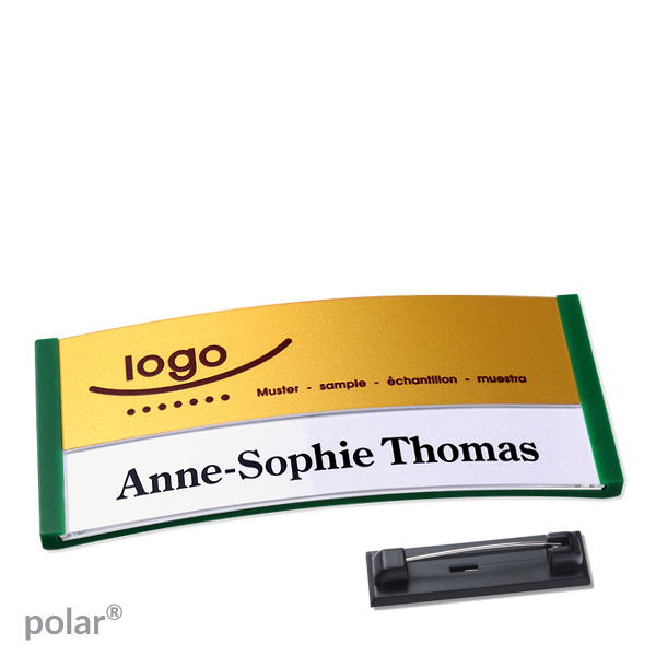 10 Namensschilder polar alu-print Nadel 74 x 34 mm | grün | gold, Kunststoff