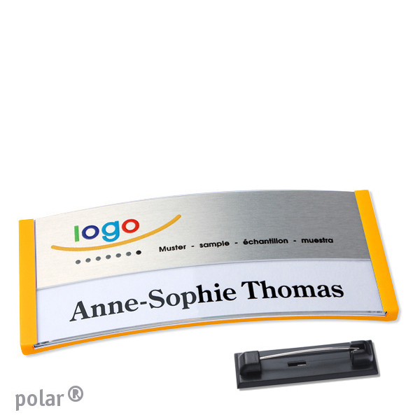 10 Namensschilder polar alu-print Nadel 74 x 34 mm | gelb | silber, Kunststoff