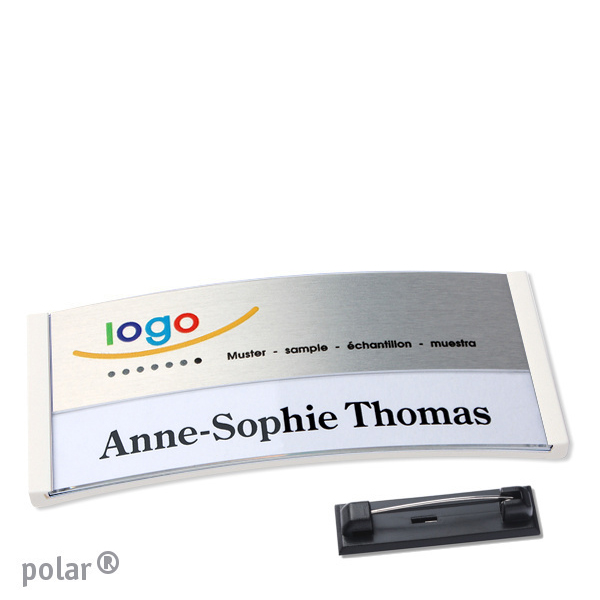 10 Namensschilder polar alu-print Nadel 74 x 34 mm | weiß | silber, Kunststoff