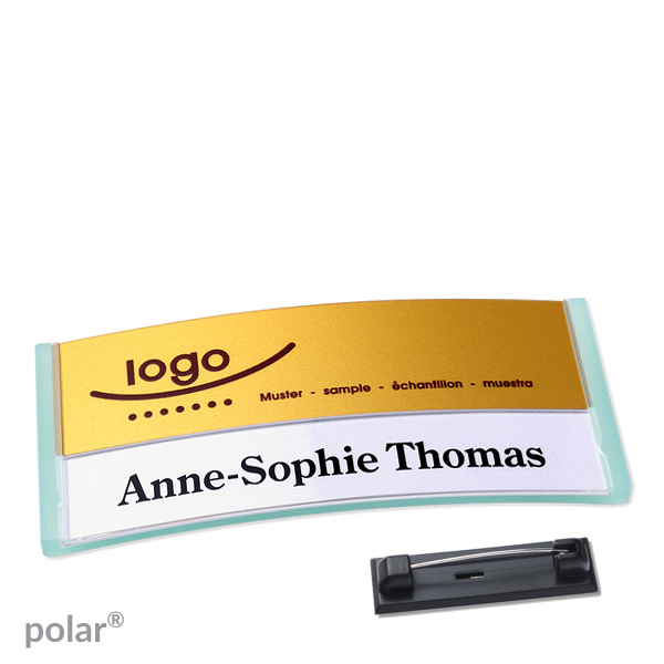 10 Namensschilder polar alu-print Nadel 74 x 34 mm | transluzent|grün | gold, Kunststoff