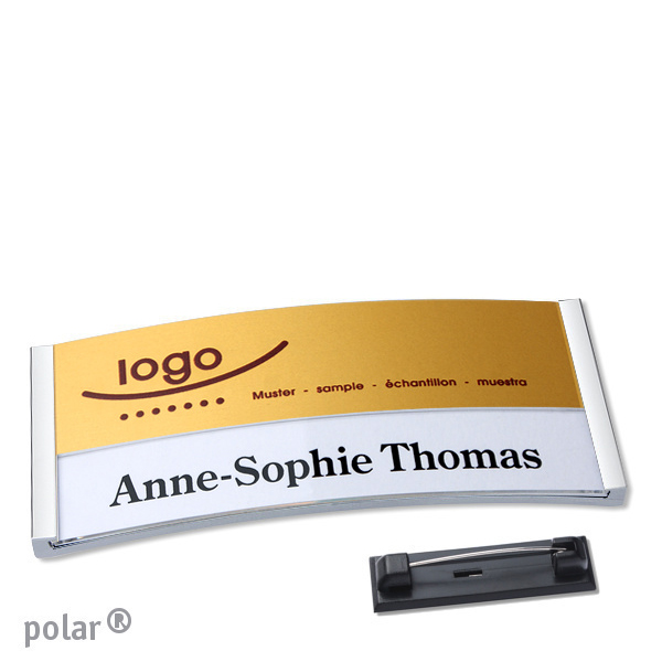 10 Namensschilder polar alu-print Nadel 74 x 34 mm | edelstahl | gold, Kunststoff