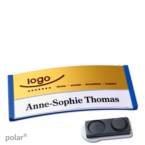 10 Namensschilder polar alu-print Magnet 74 x 34 mm | blau | gold | smag Magnet, extra stark, Kunststoff