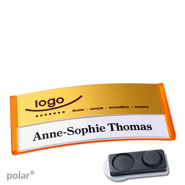 10 Namensschilder polar alu-print Magnet 74 x 34 mm | transluzent|orange | gold | smag Magnet, extra stark, Kunststoff